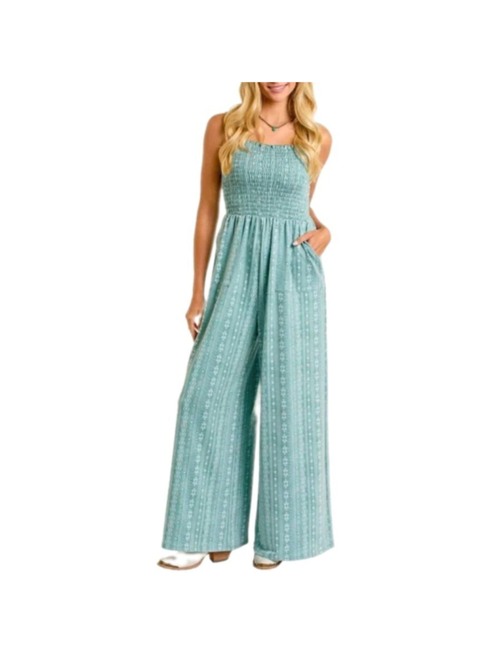 Rock & Roll Denim Jumpsuit Sz L Blue Southwestern Smocked Wide Leg Western Boho